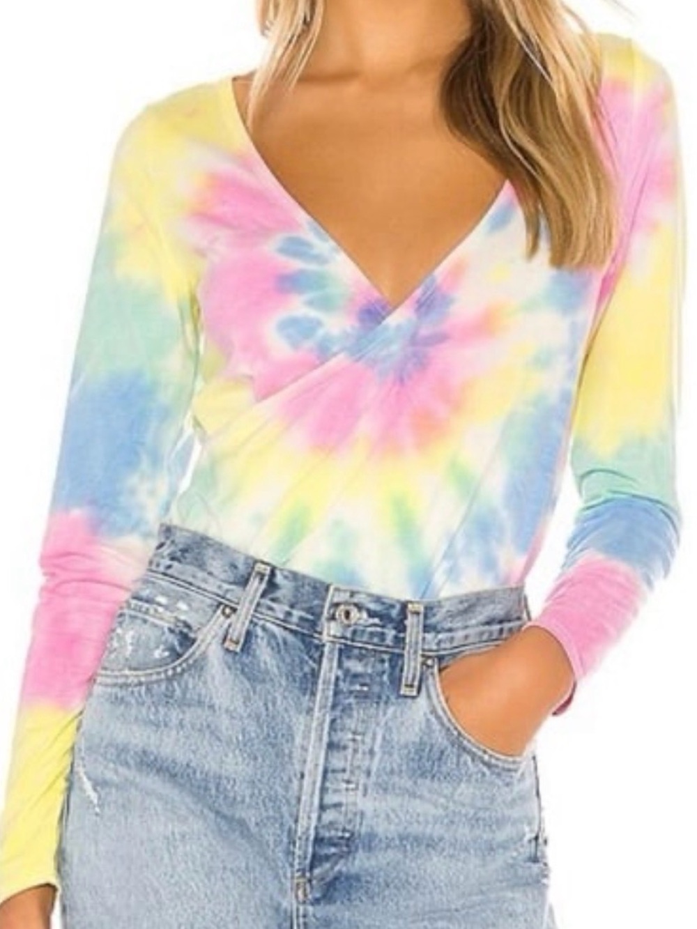 NWT Chaser Tie Dye Faux Wrap Surplice Long Sleeve Top M Y2K Boho Hippie Rainbow